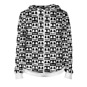 Женская толстовка 3D на молнии с принтом Marshmello Black&White в городе Новоалтайск, 100% полиэстер | длина до линии бедра, манжеты и пояс оформлены мягкой тканевой резинкой, двухслойный капюшон со шнурком для регулировки, спереди молния, по бокам два кармана | black and white | christopher comstock | dj | marshmello | music | диджей | клубная музыка | клубняк | крис комсток | логотип | маршмеллоу | музыка | черно белый