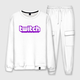 Мужской костюм хлопок с принтом Twitch Logo в городе Новоалтайск, 100% хлопок | на свитшоте круглая горловина, мягкая резинка по низу. Брюки заужены к низу, на них два вида карманов: два “обычных” по бокам и два объемных, с клапанами, расположенные ниже линии бедра. Брюки с мягкой трикотажной резинкой на поясе и по низу штанин. В поясе для дополнительного комфорта — широкие завязки | game | gamer | logo | twitch | twitties | игры | логотип | стрим | твитч