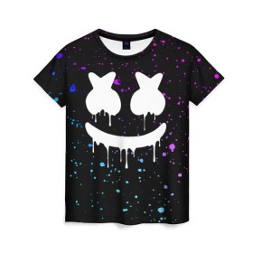 Женская футболка 3D с принтом MARSHMELLO Melt в городе Новоалтайск, 100% полиэфир ( синтетическое хлопкоподобное полотно) | прямой крой, круглый вырез горловины, длина до линии бедер | marsh | marshmallow | marshmello | marshmelo | mello | music | smile | диджей | лого | маршмеллов | маршмеллоу | маршмеллу | маршмело | маршмелов | маршмелоу | музыка | музыкант | рожица | трэп | улыбка | хаус