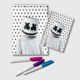 Блокнот с принтом MARSHMELLO White в городе Новоалтайск, 100% бумага | 48 листов, плотность листов — 60 г/м2, плотность картонной обложки — 250 г/м2. Листы скреплены удобной пружинной спиралью. Цвет линий — светло-серый
 | marsh | marshmallow | marshmello | marshmelo | mello | music | smile | диджей | лого | маршмеллов | маршмеллоу | маршмеллу | маршмело | маршмелов | маршмелоу | музыка | музыкант | рожица | трэп | улыбка | хаус