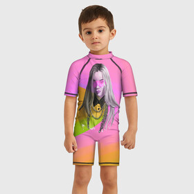 Детский купальный костюм 3D с принтом Billie Eilish в городе Новоалтайск, Полиэстер 85%, Спандекс 15% | застежка на молнии на спине | billie eilish | lovely | music | ocean eyes | pop | билли айлиш | девушка | музыка | океан | поп | эйлиш | элиш