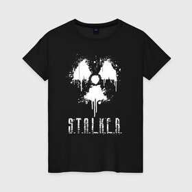 Женская футболка хлопок с принтом S.T.A.L.K.E.R. в городе Новоалтайск, 100% хлопок | прямой крой, круглый вырез горловины, длина до линии бедер, слегка спущенное плечо | anomaly | bandit | chernobyl | logo | pripyat | shadow of chernobyl | stalker | stalker 2 | zone | аномалия | бандиты | зона | лого | меченый | припять | сталкер | сталкер 2 | тени чернобыля | чернобыль | чистое небо
