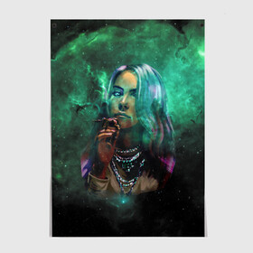 Постер с принтом Billie Eilish Space в городе Новоалтайск, 100% бумага
 | бумага, плотность 150 мг. Матовая, но за счет высокого коэффициента гладкости имеет небольшой блеск и дает на свету блики, но в отличии от глянцевой бумаги не покрыта лаком | billie eilish | lovely | music | ocean eyes | pop | билли айлиш | девушка | музыка | океан | поп | эйлиш | элиш