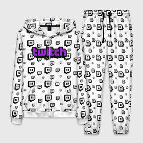 Мужской костюм 3D с принтом Twitch в городе Новоалтайск, 100% полиэстер | Манжеты и пояс оформлены тканевой резинкой, двухслойный капюшон со шнурком для регулировки, карманы спереди | game | gamer | logo | pattern | twitch | twitties | игры | логотип | паттерн | стрим | твитч | текстура