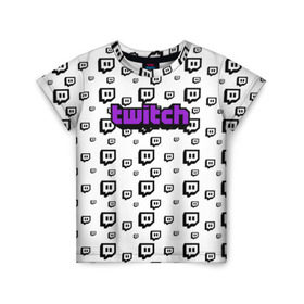 Детская футболка 3D с принтом Twitch в городе Новоалтайск, 100% гипоаллергенный полиэфир | прямой крой, круглый вырез горловины, длина до линии бедер, чуть спущенное плечо, ткань немного тянется | Тематика изображения на принте: game | gamer | logo | pattern | twitch | twitties | игры | логотип | паттерн | стрим | твитч | текстура