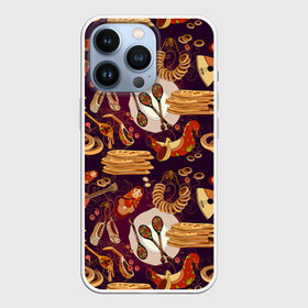 Чехол для iPhone 13 Pro с принтом Русские блины в городе Новоалтайск,  |  | russia | балалайка | баранки | блины | графика | деревянные | еда | иллюстрация | искусство | картинка | квас | лапти | ложки | матрешки | мёд | мода | напиток | национальный | орнамент | рисунок | роспись