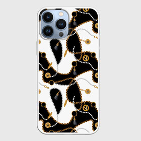 Чехол для iPhone 13 Pro Max с принтом Золотые цепи и жемчуга в городе Новоалтайск,  |  | amulets | beads | brushes | chains | feathers | gold | абстракция | амулеты | белый | бусы | графика | жёлтый | жемчуг | знак | золотые | иллюстрация | искусство | картинка | кисти | листья | мода | орнамент | перья | растения