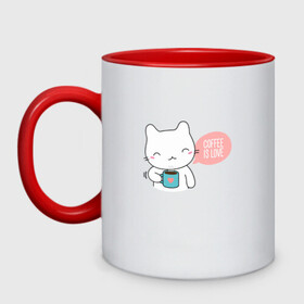 Кружка двухцветная с принтом Coffee Is Love в городе Новоалтайск, керамика | объем — 330 мл, диаметр — 80 мм. Цветная ручка и кайма сверху, в некоторых цветах — вся внутренняя часть | cat | kawaii | аниме | киса | кот | котейка | котенок | котик | котэ | котя | кофе | кофеман | кошка | кружка | лапочка | любовь | мимими | сердечко | счастье | утро | чай