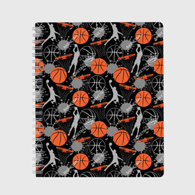 Тетрадь с принтом Basketball в городе Новоалтайск, 100% бумага | 48 листов, плотность листов — 60 г/м2, плотность картонной обложки — 250 г/м2. Листы скреплены сбоку удобной пружинной спиралью. Уголки страниц и обложки скругленные. Цвет линий — светло-серый
 | Тематика изображения на принте: basket | basketball | баскетбол | баскетбольные | болельщик | бросок | брызги | графика | иллюстрация | капли | картинка | кляксы | кольцо | мода | мячи | надпись | прыжок | рисунок | сетка | сила | скорость