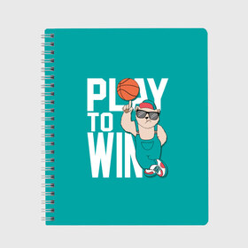 Тетрадь с принтом Play to win в городе Новоалтайск, 100% бумага | 48 листов, плотность листов — 60 г/м2, плотность картонной обложки — 250 г/м2. Листы скреплены сбоку удобной пружинной спиралью. Уголки страниц и обложки скругленные. Цвет линий — светло-серый
 | Тематика изображения на принте: баскетбол | баскетбольный | бейсболка | графика | животное | зелёный | играй | иллюстрация | картинка | комбинезон | кот | кроссовки | крутит | мода | мяч | на пальце | надпись | очки | победы | ради