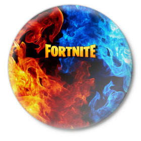 Значок с принтом FORTNITE в городе Новоалтайск,  металл | круглая форма, металлическая застежка в виде булавки | Тематика изображения на принте: fortnite | битва | игра | компьютерная игра | королевская | надпись | огонь | пламя | симулятор | фортнайт