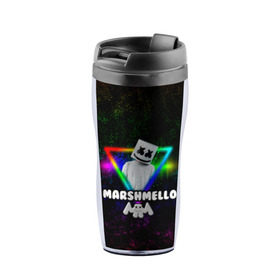 Термокружка-непроливайка с принтом Marshmello в городе Новоалтайск, внутренняя часть — пищевой пластик, наружная часть — прозрачный пластик, между ними — полиграфическая вставка с рисунком | объем — 350 мл, герметичная крышка | christopher | comstock | dj | dotcom | friends | marshmallow | marshmello | usa | диджей | друзья | комсток | крис | маршмэллоу | продюсер | сша