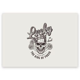 Поздравительная открытка с принтом lucky or dead the king of poke в городе Новоалтайск, 100% бумага | плотность бумаги 280 г/м2, матовая, на обратной стороне линовка и место для марки
 | Тематика изображения на принте: casino | death | happy | king | luck | or | графика | игра | или | иллюстрация | казино | картёжник | картинка | карты | король | корона | масть | мода | надпись | пики | покер | рисунок | розы | рулетка | светлый | стиль