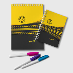 Блокнот с принтом Volkswagen в городе Новоалтайск, 100% бумага | 48 листов, плотность листов — 60 г/м2, плотность картонной обложки — 250 г/м2. Листы скреплены удобной пружинной спиралью. Цвет линий — светло-серый
 | Тематика изображения на принте: racer | авто | автолюбитель. volkswagen | гонщик | желто черная | колесо | машина | след | фольксваген | шина