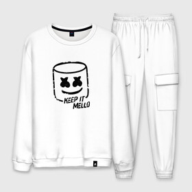 Мужской костюм хлопок с принтом Keep It Mello в городе Новоалтайск, 100% хлопок | на свитшоте круглая горловина, мягкая резинка по низу. Брюки заужены к низу, на них два вида карманов: два “обычных” по бокам и два объемных, с клапанами, расположенные ниже линии бедра. Брюки с мягкой трикотажной резинкой на поясе и по низу штанин. В поясе для дополнительного комфорта — широкие завязки | Тематика изображения на принте: marshmallow | marshmello | диджей | маршмэллоу | музыка
