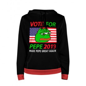 Женская толстовка 3D с принтом Vote for pepe в городе Новоалтайск, 100% полиэстер  | двухслойный капюшон со шнурком для регулировки, мягкие манжеты на рукавах и по низу толстовки, спереди карман-кенгуру с мягким внутренним слоем. | bad | dab | frog | good | kek | make pepe great again | pepe | sad | sad frog | vote for pepe | кек | лягушка | мем | мемы | пепе | со смыслом | фрог