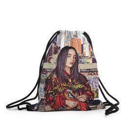Рюкзак-мешок 3D с принтом Billie Eilish в городе Новоалтайск, 100% полиэстер | плотность ткани — 200 г/м2, размер — 35 х 45 см; лямки — толстые шнурки, застежка на шнуровке, без карманов и подкладки | Тематика изображения на принте: билли айлиш | певица
