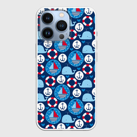 Чехол для iPhone 13 Pro с принтом Киты и яхты в городе Новоалтайск,  |  | Тематика изображения на принте: whales | yachts | вода | графика | детский | животные | иллюстрация | картинка | киты | кораблики | круги | любовь | мода | море | морские | океан | орнамент | паруса | пунктир | рисунок | сердца | синий
