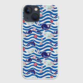Чехол для iPhone 13 mini с принтом Киты и дельфины в городе Новоалтайск,  |  | animals | background | boats | fashion | hearts | paper | sea | style | text | water | вода | волны | графика | дельфины | детский | иллюстрация | картинка | мода | море | морские | надпись | океан | орнамент | полоски | пуговицы | пунктир