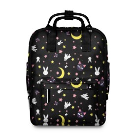 Женский рюкзак 3D с принтом Sailor Moon Pattern в городе Новоалтайск, 100% полиэстер | лямки с регулируемой длиной, сверху ручки, чтобы рюкзак нести как сумку. Основное отделение закрывается на молнию, как и внешний карман. Внутри два дополнительных кармана, один из которых закрывается на молнию. По бокам два дополнительных кармашка, куда поместится маленькая бутылочка
 | Тематика изображения на принте: аниме | детский | зайчик | зая | звезды | кролик | луна в матроске | матросска | месяц | милота | милый | небо | паттерн | сейлор мун | черный