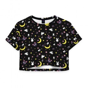 Женская футболка 3D укороченная с принтом Sailor Moon Pattern в городе Новоалтайск, 100% полиэстер | круглая горловина, длина футболки до линии талии, рукава с отворотами | аниме | детский | зайчик | зая | звезды | кролик | луна в матроске | матросска | месяц | милота | милый | небо | паттерн | сейлор мун | черный