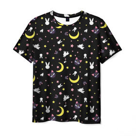 Мужская футболка 3D с принтом Sailor Moon Pattern в городе Новоалтайск, 100% полиэфир | прямой крой, круглый вырез горловины, длина до линии бедер | Тематика изображения на принте: аниме | детский | зайчик | зая | звезды | кролик | луна в матроске | матросска | месяц | милота | милый | небо | паттерн | сейлор мун | черный