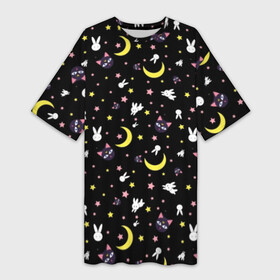 Платье-футболка 3D с принтом Sailor Moon Pattern в городе Новоалтайск,  |  | аниме | детский | зайчик | зая | звезды | кролик | луна в матроске | матросска | месяц | милота | милый | небо | паттерн | сейлор мун | черный