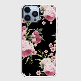 Чехол для iPhone 13 Pro Max с принтом Пионы на Чёрном в городе Новоалтайск,  |  | Тематика изображения на принте: букет | бутон | весна | красивый | лето | листья | пион | прекрасный | роза | розочка | цветок | цветы