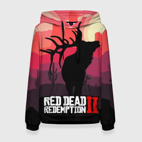 Женская толстовка 3D с принтом RDR II в городе Новоалтайск, 100% полиэстер  | двухслойный капюшон со шнурком для регулировки, мягкие манжеты на рукавах и по низу толстовки, спереди карман-кенгуру с мягким внутренним слоем. | gta | rdr 2 | red dead redemption 2 | west | дикий запад | добыча | закат солнца | игра | кактусы | каньон | квест | легендарный олень в rdr 2 | новинки игр | рога оленя