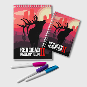 Блокнот с принтом RDR II в городе Новоалтайск, 100% бумага | 48 листов, плотность листов — 60 г/м2, плотность картонной обложки — 250 г/м2. Листы скреплены удобной пружинной спиралью. Цвет линий — светло-серый
 | gta | rdr 2 | red dead redemption 2 | west | дикий запад | добыча | закат солнца | игра | кактусы | каньон | квест | легендарный олень в rdr 2 | новинки игр | рога оленя