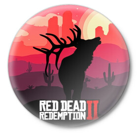 Значок с принтом RDR II в городе Новоалтайск,  металл | круглая форма, металлическая застежка в виде булавки | gta | rdr 2 | red dead redemption 2 | west | дикий запад | добыча | закат солнца | игра | кактусы | каньон | квест | легендарный олень в rdr 2 | новинки игр | рога оленя