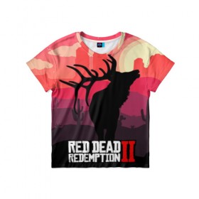 Детская футболка 3D с принтом RDR II в городе Новоалтайск, 100% гипоаллергенный полиэфир | прямой крой, круглый вырез горловины, длина до линии бедер, чуть спущенное плечо, ткань немного тянется | gta | rdr 2 | red dead redemption 2 | west | дикий запад | добыча | закат солнца | игра | кактусы | каньон | квест | легендарный олень в rdr 2 | новинки игр | рога оленя
