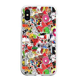 Чехол для iPhone XS Max матовый с принтом Sticker Bombing в городе Новоалтайск, Силикон | Область печати: задняя сторона чехла, без боковых панелей | supreme | бантик | газировка | деньги | диски | кола | кости | кубик рубика | мода | молодежный | музыка | мульт | наклейка | остороно | пончики | стикер | суприм | тренд | уточка | хаос | череп