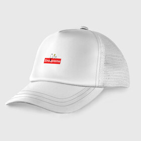 Детская кепка тракер с принтом Snoopreme в городе Новоалтайск, Козырек - 100% хлопок. Кепка - 100% полиэстер, Задняя часть - сетка | универсальный размер, пластиковая застёжка | Тематика изображения на принте: snoopy | supreme | бигль | комиксы | мода | мульт | надпись | пес | птенец | птица | снупи | собака | суприм | тренд | щенок