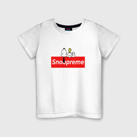 Детская футболка хлопок с принтом Snoopreme в городе Новоалтайск, 100% хлопок | круглый вырез горловины, полуприлегающий силуэт, длина до линии бедер | snoopy | supreme | бигль | комиксы | мода | мульт | надпись | пес | птенец | птица | снупи | собака | суприм | тренд | щенок