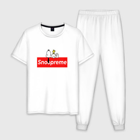 Мужская пижама хлопок с принтом Snoopreme в городе Новоалтайск, 100% хлопок | брюки и футболка прямого кроя, без карманов, на брюках мягкая резинка на поясе и по низу штанин
 | Тематика изображения на принте: snoopy | supreme | бигль | комиксы | мода | мульт | надпись | пес | птенец | птица | снупи | собака | суприм | тренд | щенок