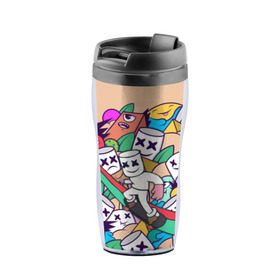 Термокружка-непроливайка с принтом Marshmello World в городе Новоалтайск, внутренняя часть — пищевой пластик, наружная часть — прозрачный пластик, между ними — полиграфическая вставка с рисунком | объем — 350 мл, герметичная крышка | christopher | comstock | dj | dotcom | friends | marshmallow | marshmello | usa | диджей | друзья | комсток | крис | маршмэллоу | продюсер | сша