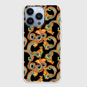 Чехол для iPhone 13 Pro с принтом Драконы в городе Новоалтайск,  |  | animals | asia | background | black | china | dragons | drawing | fashion | fire | graphics | illustration | picture | predators | scales | style | symbol | азия | графика | грива | драконы | животные | иллюстрация | картинка | китай | мифически | мода | 