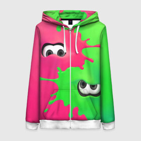 Женская толстовка 3D на молнии с принтом Splatoon 2 в городе Новоалтайск, 100% полиэстер | длина до линии бедра, манжеты и пояс оформлены мягкой тканевой резинкой, двухслойный капюшон со шнурком для регулировки, спереди молния, по бокам два кармана | booble gum | game | green | nintendo | pink | shooter | splatoon | switch | twitch | битва | брызги | глаза | головоногие | детям | драка | зеленый | игра | краска | краски | нинтендо | оружие | от третьего лица | розовый | стрелялки | шутер