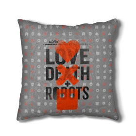 Подушка 3D с принтом LOVE DEATH + ROBOTS в городе Новоалтайск, наволочка – 100% полиэстер, наполнитель – холлофайбер (легкий наполнитель, не вызывает аллергию). | состоит из подушки и наволочки. Наволочка на молнии, легко снимается для стирки | death | love death + robots | netflix | robots | любовь | нетфликс | роботы | сериал