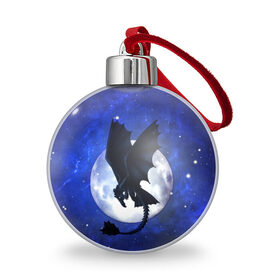 Ёлочный шар с принтом ночная фурия в городе Новоалтайск, Пластик | Диаметр: 77 мм | Тематика изображения на принте: how to train your dragon | night fury | беззубик | дракон | как приручить дракона | луна | ночная фурия