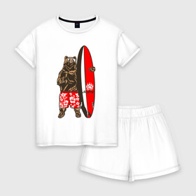 Женская пижама с шортиками хлопок с принтом Медведь Серфер в городе Новоалтайск, 100% хлопок | футболка прямого кроя, шорты свободные с широкой мягкой резинкой | bear | surf | surfing | летние | лето | медведи | медведь | серфер | серфинг