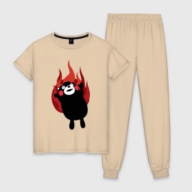 Женская пижама хлопок с принтом Kumamon в городе Новоалтайск, 100% хлопок | брюки и футболка прямого кроя, без карманов, на брюках мягкая резинка на поясе и по низу штанин | fire | for | glory | hell | japan | of course | ofc | satan | the | иероглифы | кумамон | медведь | огонь | пожар | япония