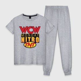 Женская пижама хлопок с принтом WCW Monday Night Nitro в городе Новоалтайск, 100% хлопок | брюки и футболка прямого кроя, без карманов, на брюках мягкая резинка на поясе и по низу штанин | nitro | wcw | wrestling | рестлинг