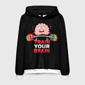 Мужская толстовка 3D с принтом Train your brain в городе Новоалтайск, 100% полиэстер | двухслойный капюшон со шнурком для регулировки, мягкие манжеты на рукавах и по низу толстовки, спереди карман-кенгуру с мягким внутренним слоем. | Тематика изображения на принте: athlete | books | brain | cool | drops | fitness | heavy | inscription | load | slogan | sport | sweat | text | train | weight | your | атлет | брызги | вес | девиз | капли | книги | крутой | лозунг | мозг | нагрузка | надпись | очки | пот | при