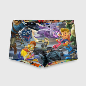 Детские купальные плавки 3D с принтом Super Smash Bros ultimate  в городе Новоалтайск, Полиэстер 85%, Спандекс 15% | Слитный крой, подклад по переду изделия, узкие бретели | Тематика изображения на принте: game | mario | nintendo | nintendo all star | pikachu | pokemon | super smash bros | ultimate | джиглипафф | донки конг | зельда | игры | линк | марио | нинтендо | пикачу | покемоны | эш