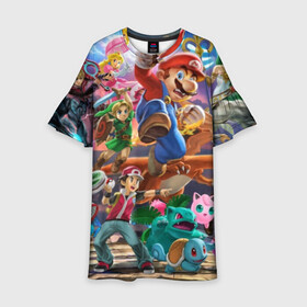 Детское платье 3D с принтом Super Smash Bros ultimate  в городе Новоалтайск, 100% полиэстер | прямой силуэт, чуть расширенный к низу. Круглая горловина, на рукавах — воланы | game | mario | nintendo | nintendo all star | pikachu | pokemon | super smash bros | ultimate | джиглипафф | донки конг | зельда | игры | линк | марио | нинтендо | пикачу | покемоны | эш