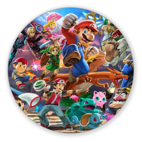 Коврик для мышки круглый с принтом Super Smash Bros ultimate  в городе Новоалтайск, резина и полиэстер | круглая форма, изображение наносится на всю лицевую часть | Тематика изображения на принте: game | mario | nintendo | nintendo all star | pikachu | pokemon | super smash bros | ultimate | джиглипафф | донки конг | зельда | игры | линк | марио | нинтендо | пикачу | покемоны | эш