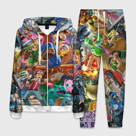 Мужской костюм 3D с принтом Super Smash Bros ultimate в городе Новоалтайск, 100% полиэстер | Манжеты и пояс оформлены тканевой резинкой, двухслойный капюшон со шнурком для регулировки, карманы спереди | game | mario | nintendo | nintendo all star | pikachu | pokemon | super smash bros | ultimate | джиглипафф | донки конг | зельда | игры | линк | марио | нинтендо | пикачу | покемоны | эш
