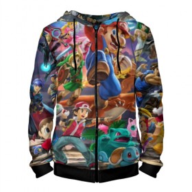 Мужская толстовка 3D на молнии с принтом Super Smash Bros ultimate в городе Новоалтайск, 100% полиэстер | длина до линии бедра, манжеты и пояс оформлены мягкой тканевой резинкой, двухслойный капюшон со шнурком для регулировки, спереди молния, по бокам два кармана | game | mario | nintendo | nintendo all star | pikachu | pokemon | super smash bros | ultimate | джиглипафф | донки конг | зельда | игры | линк | марио | нинтендо | пикачу | покемоны | эш